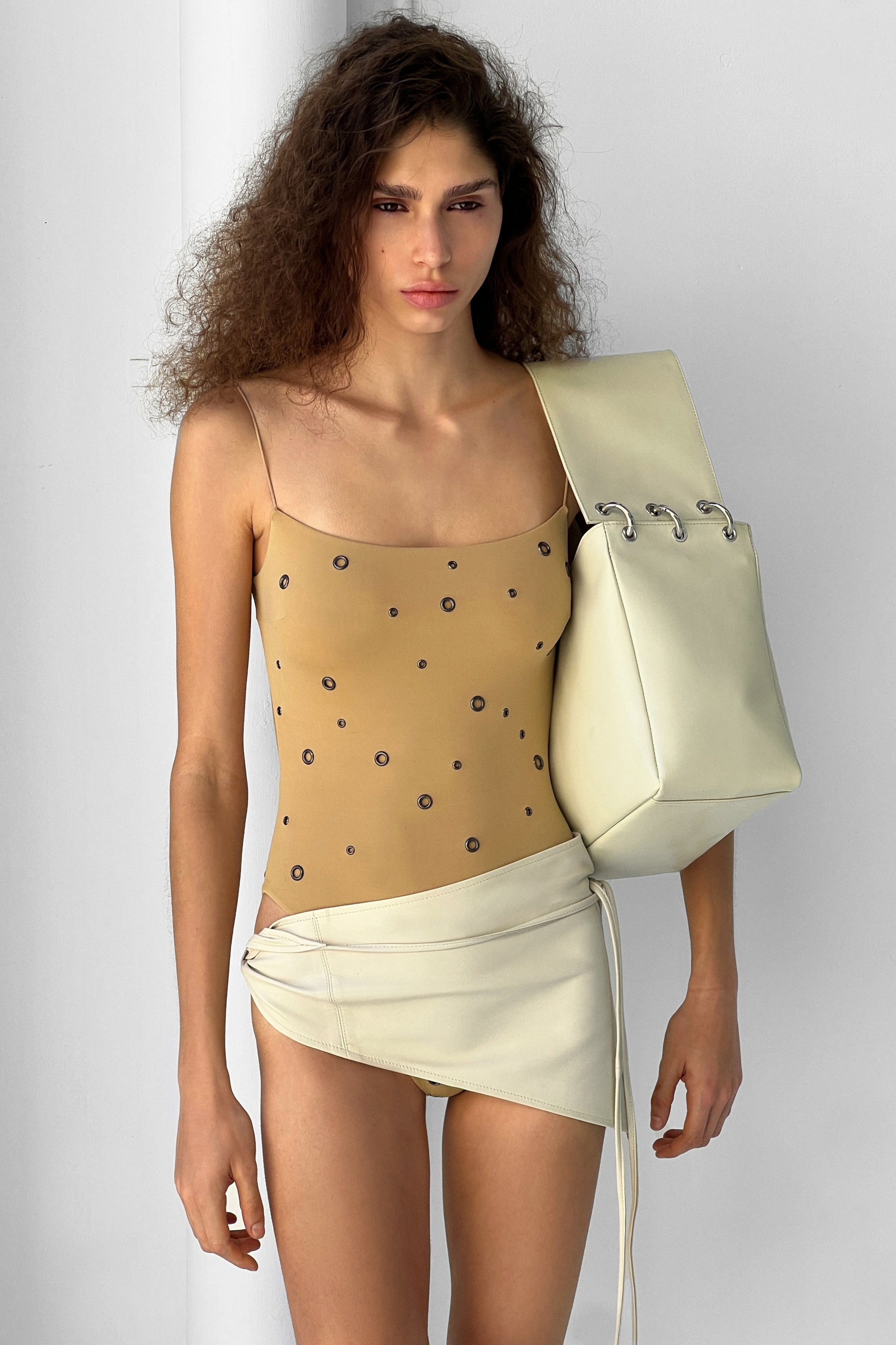 Eyelet Fine Strap One Piece | Caramello