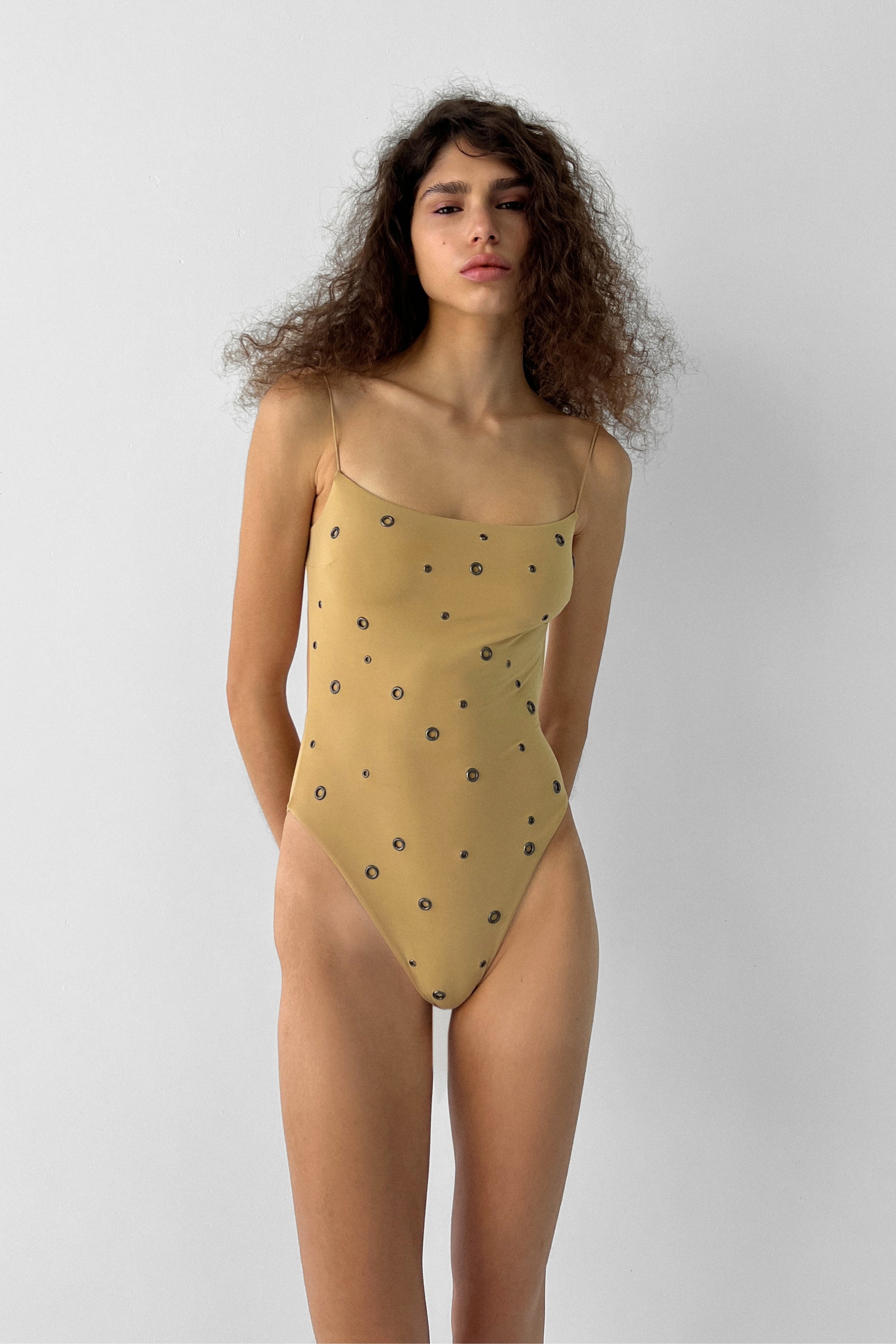 Eyelet Fine Strap One Piece | Caramello