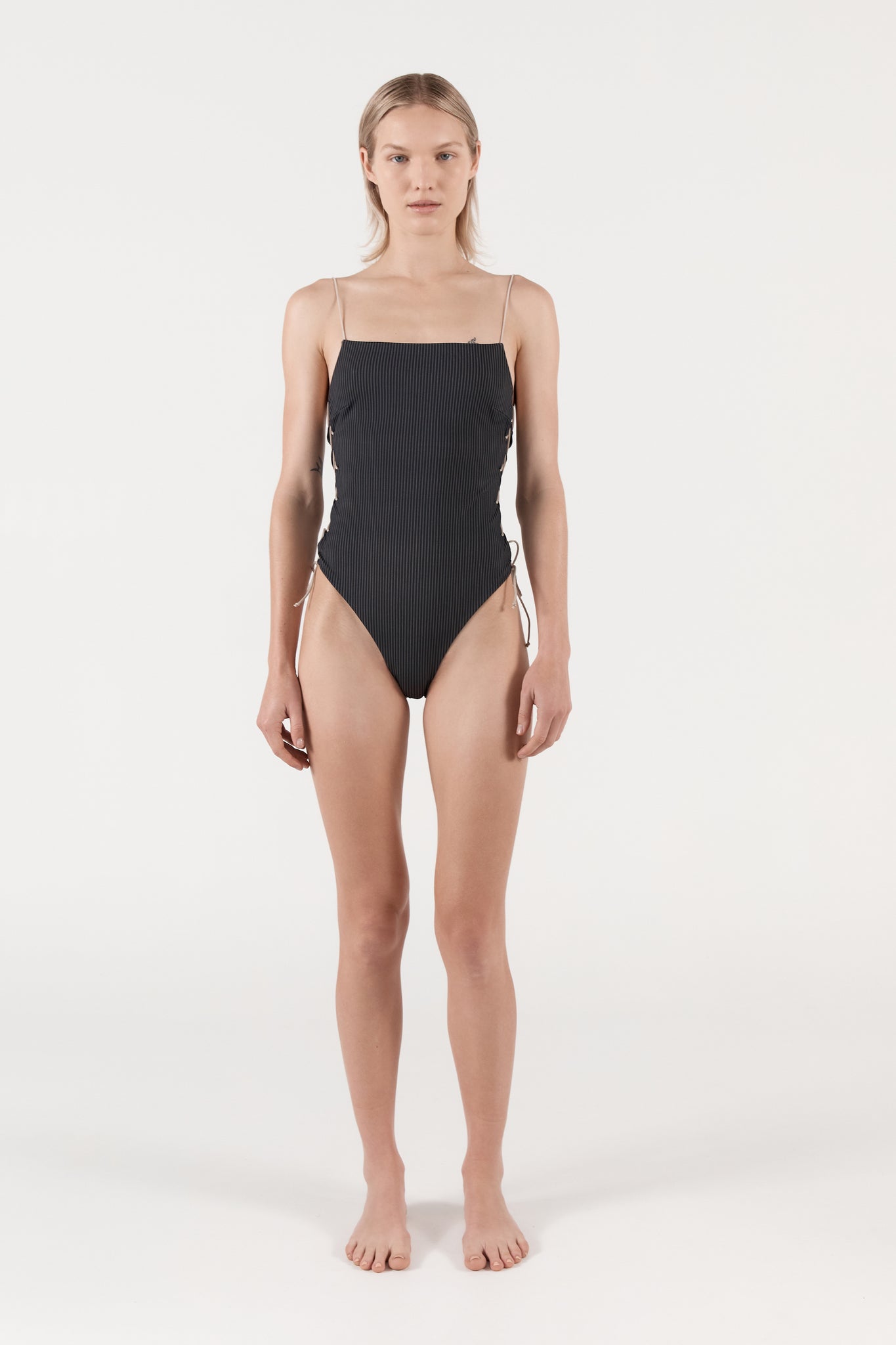 Ziah Swim | Goulue Tie Detail One Piece | Pinstripe